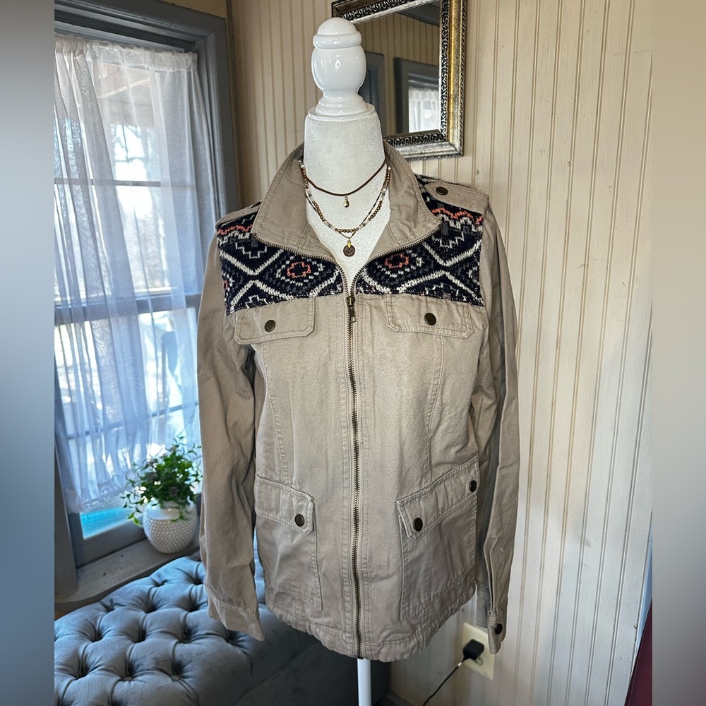 Blu Pepper Womens Utility Jacket Size S Beige Tribal Knit Panel Zip Front Boho